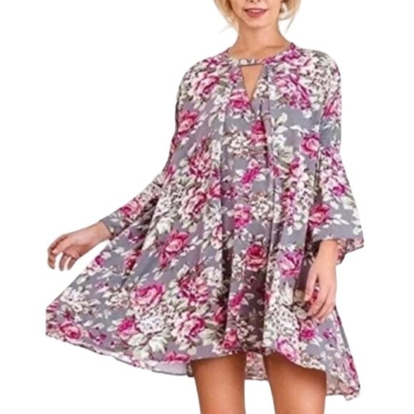 Umgee Floral Key Hole 3/4 Bell Sleeve Flowy Mini Swing Dress Trapeze Cut Guaze - Picture 1 of 16